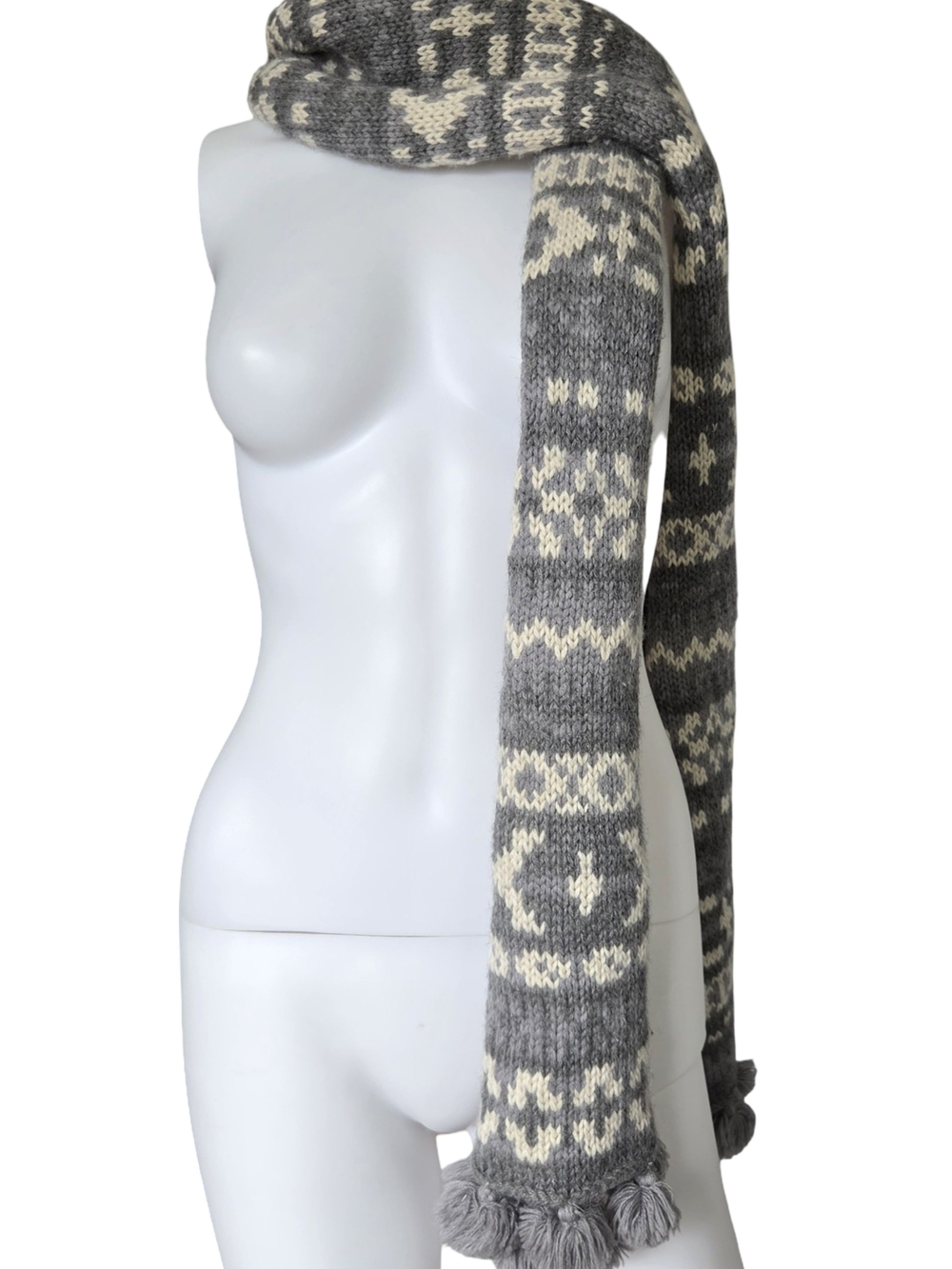 Banana Republic Fair Isle Scarf Alpaca Wool Blend Gray White Pom Poms